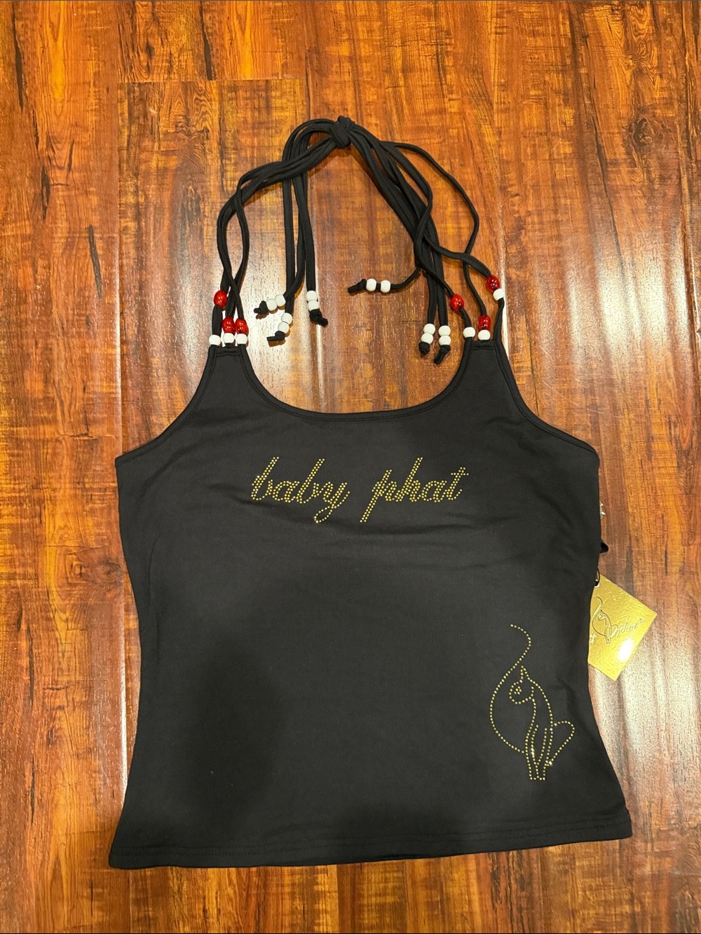 black Baby Phat rhinestone halter top featuring the brand's iconic cat logo.